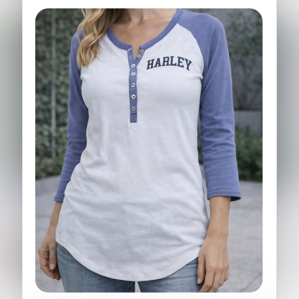 3/$20🎉 Harley-Davidson Women’s Henley Shirt 3/4 Sleeve Contrast Top Graphic Tee